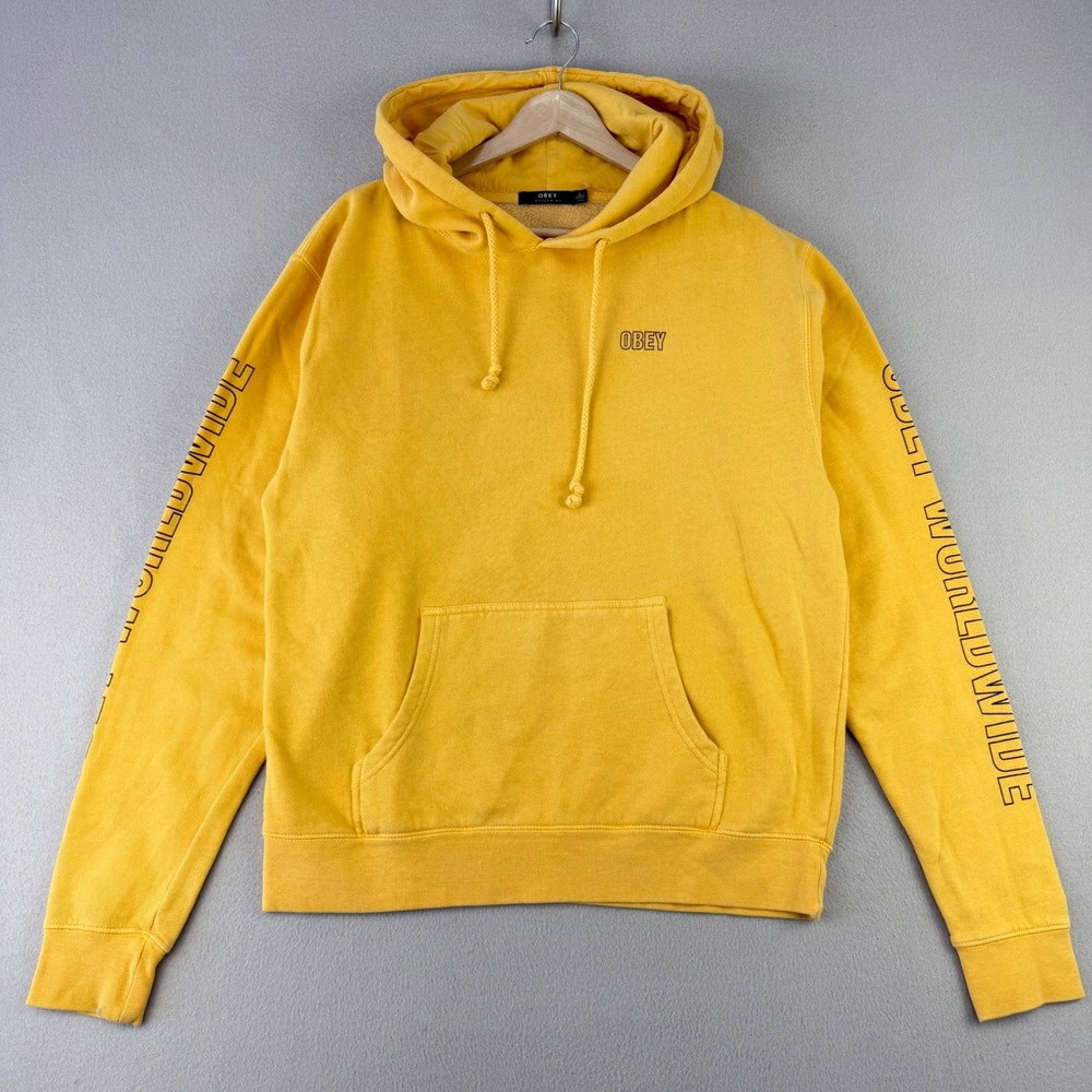 OBEY Worldwide Logo Hoodie Mens Large Yellow Streetwear Graphic Sleeve Hit Y2K